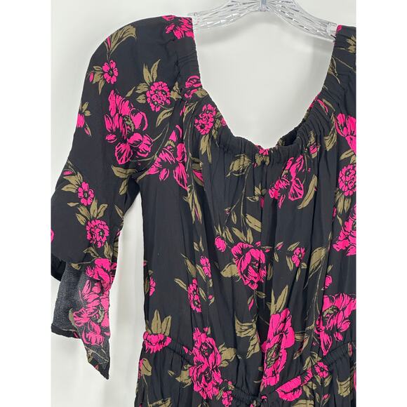 Express Women's Romper Size M Black and Pink Floral Ruffle Sleeve Boho Tie Waist - Picture 2 of 12